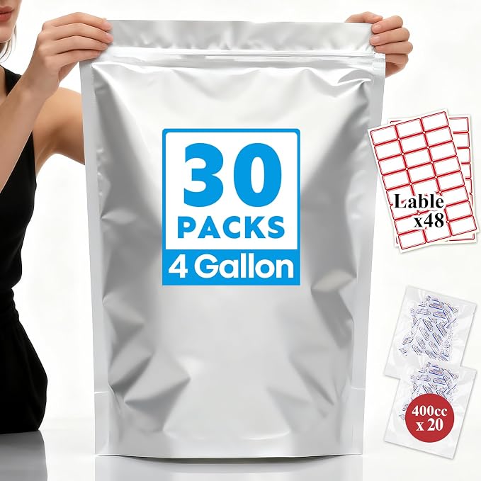 Mylar Bags 4Gallon 30PCS 14"X20" for Food Storage with Oxygen Absorbers&Labels,10Mil Thick Resealable Zipper&Heat Seal Stand Up Pouches for Packaging Long Term,Dried Food,BPA Free by HomePage