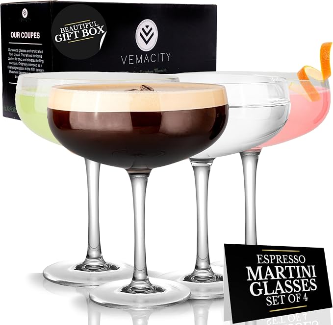 VEMACITY - Elegant Espresso Martini Glasses Set of 4 (10oz) - Classic Coupe Glasses for Martinis, Champagne, Margaritas | Handblown Crystal Cocktail Glassware | Ideal for Martinis and Cocktails by Vemacity