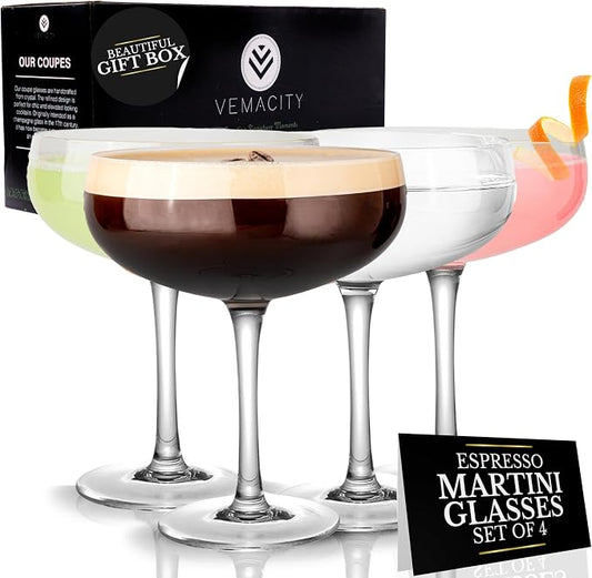VEMACITY - Elegant Espresso Martini Glasses Set of 4 (10oz) - Classic Coupe Glasses for Martinis, Champagne, Margaritas | Handblown Crystal Cocktail Glassware | Ideal for Martinis and Cocktails by Vemacity