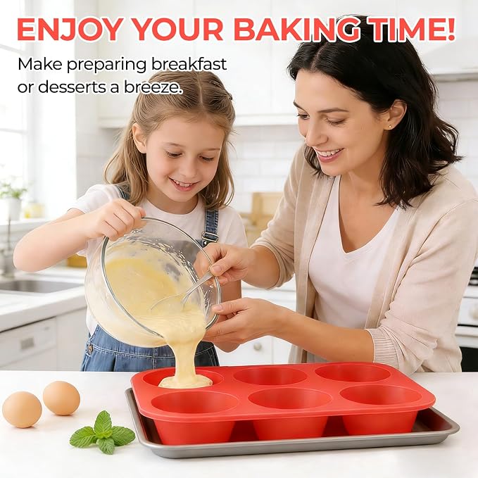 CAKETIME Silicone Jumbo Muffin Pan, 3.5 Inch Silicone Texas Muffin Pan 6 Cup Large Cupcake Pan Nonstick BPA Free Silicone Molds 2 Pack Red - Image 7