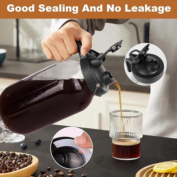 Cold Brew Coffee Maker Jar, Stainless Steel Filter Thick Glass Jar, Iced Coffee Pitcher with Spout Lid and Handle, Dishwasher Safe for Working from Home (2000ml)