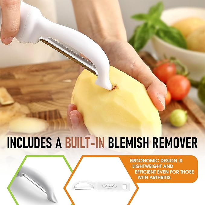 Spring Chef Swivel Potato Peeler for Kitchen with Ergonomic Handle, White | Premium Vegetable Peeler w/ Sharp Stainless Steel Blades, Multifunctional Food Peeler for Apple, Carrot, Cucumber, Fruit - Image 5