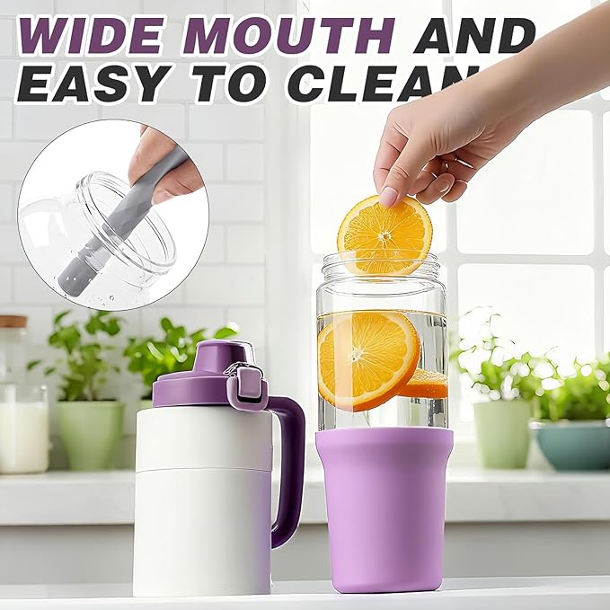 32 oz Glass Tumbler with Handle, 2-in-1 Straw and Sip Spout, Leakproof, BPA-Free Glass Water Bottle for Sports, Office, School, Lilac