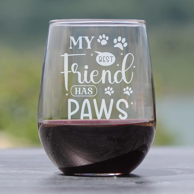 My Best Friend Has Paws 17oz Stemless Wine Glass, Hand Engraved Etched Dog Mom, Pet Lover, Owner Glassware - Image 2