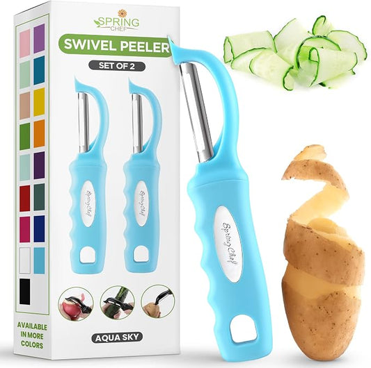 Spring Chef Swivel Potato Peeler with Soft Grip Handle, Set of 2, Aqua Sky | Premium Vegetable Peeler w/ Sharp Stainless Steel Blades, Multifunctional Food Peeler for Apple, Carrot, Cucumber, Fruit by SpringChef