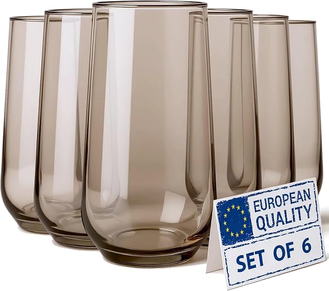 Smokey Sand Drinking Glasses Set of 6 | Translucent Brown Glassware | 16 oz Brown Glass Cups | Highball Drinkware for Cocktails, Long Drink, Mojito, Juice, Soda | Modern Tortoise Drinkware by Biandeco