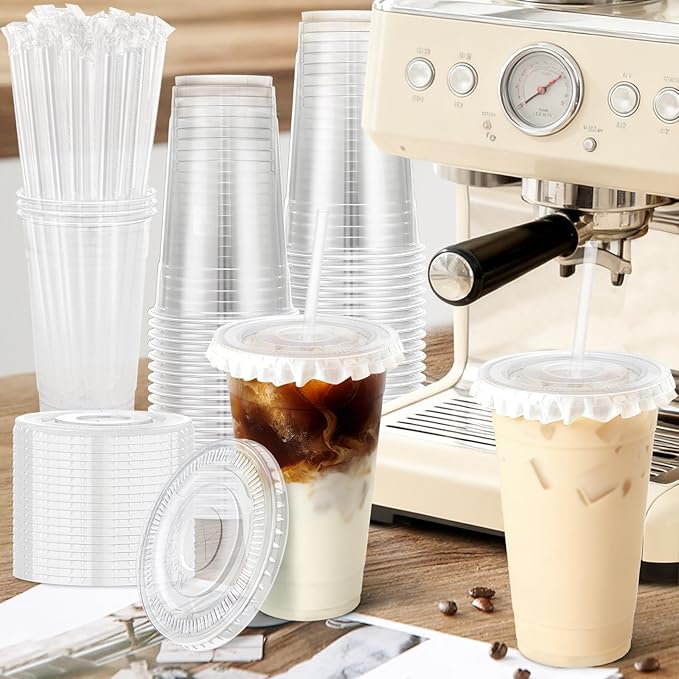 Lamosi 50 Pack 24 oz Clear Plastic Cups with Lids and Straws, Disposable Plastic Coffee Cups with Lids for Iced Coffee, Cold Beverages, Smoothies and To-Go Drinks