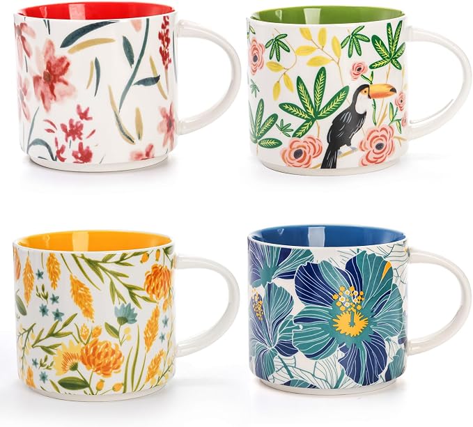 Frcctre Set of 4 Ceramic Coffee Mug Set, Large 15 Ounce Ceramic Tea Cup with Handle, Vintage Hand Painted Floral Porcelain Mug Colorful Restaurant Mug for Coffee, Tea, Milk, Hot Cocoa - Image 3