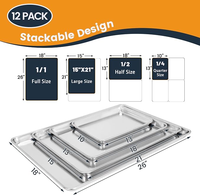 12 Pack Half Size Aluminum Baking Sheet Pan, 18 x 13 in | NSF, Aluminum Commercial Cookie Sheets, Non-Stick, Oven Safe Up to 500℉ - Image 7