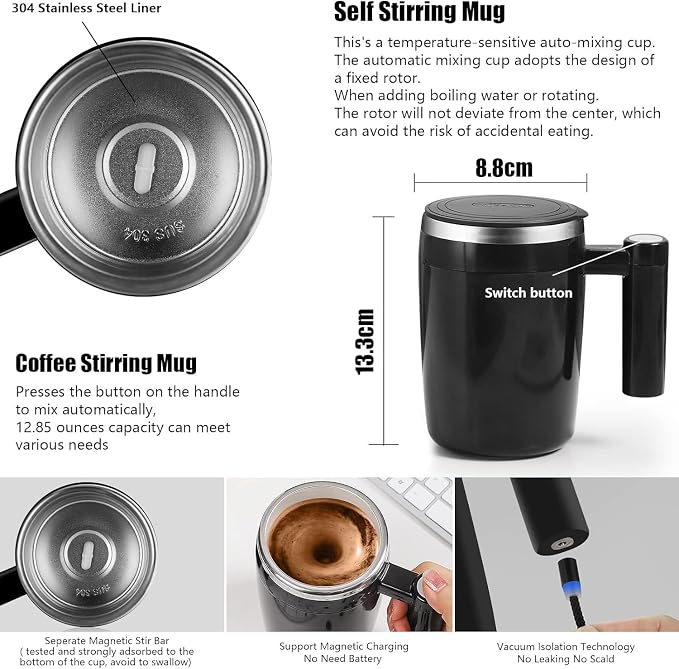 Self Stirring Mug,Rechargeable Auto Magnetic Coffee Mug with 2Pc Stir Bar,Waterproof Automatic Mixing Cup for Milk/Cocoa at Office/Kitchen/Travel 14oz Best Gift - Black - Image 2