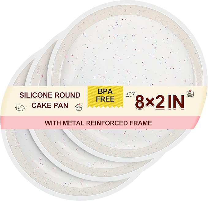 CAKETIME 8 Inch Silicone Round Cake Pan with Metal Reinforced Frame Set of 3, Non-stick & BPA Free, Even Heat Distribution, Stackable & Dishwasher Safe by CAKETIME