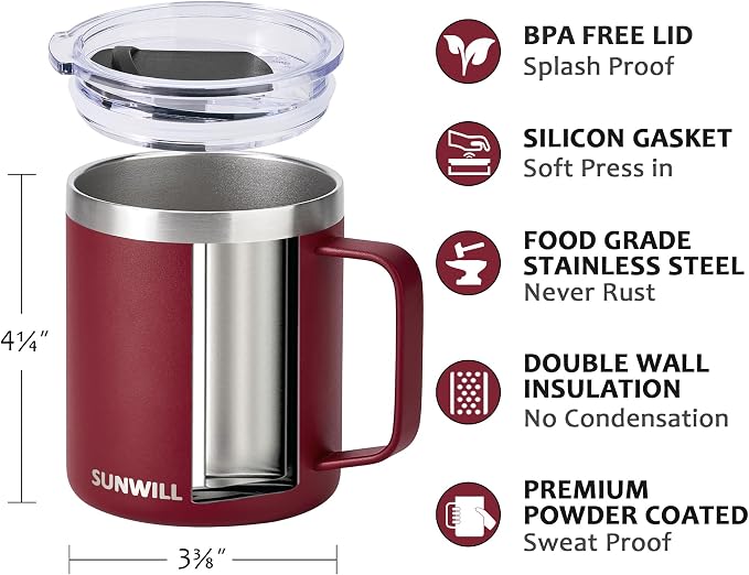 SUNWILL Travel Coffee Mug with Lid, Insulated Tumbler with Handle, 14 oz Stainless Steel Cup for Ice, Water, Tea, Powder Coated Wine Red - Image 2