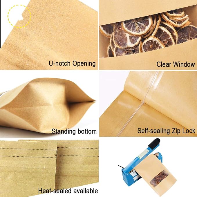 100 Pcs Resealable Stand Up kraft Paper Bags with Window for Packaging Products, Reusable Zip Lock Food Storage Pouch Bags (6.7" x 9.4") - Image 4