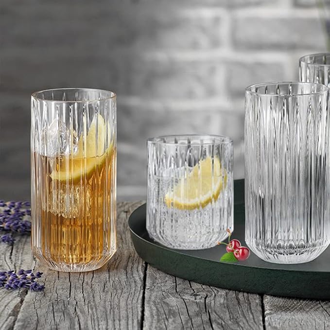 QAPPDA Highball Glasses Set of 12,Vintage Ribbed 13oz Drinking Glasses,Origami Style Glass Cups Everyday Glassware for Cocktail,Whiskey,Juice,Water | Origami Style Glass Cups Everyday Glassware for Cocktail,Whiskey,Juice,Water - Image 4