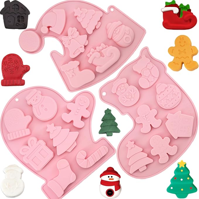 3 Pack Christmas Silicone Chocolate Molds, Xmas Holiday Baking Mold Snowflake Christmas Tree Snowman Gingerbread Man Santa Claus Shape Mold for DIY Candy Soap Candles Jello Cake Pans Cookie Trays