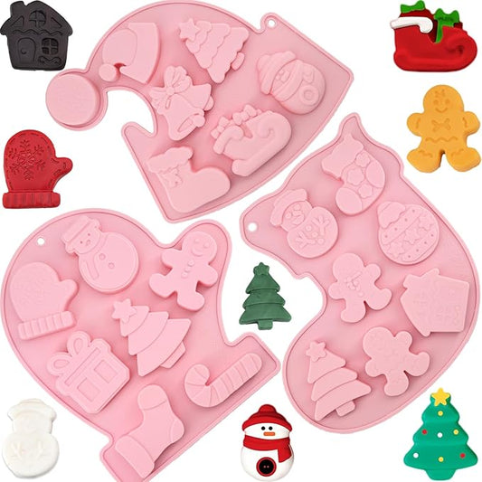 3 Pack Christmas Silicone Chocolate Molds, Xmas Holiday Baking Mold Snowflake Christmas Tree Snowman Gingerbread Man Santa Claus Shape Mold for DIY Candy Soap Candles Jello Cake Pans Cookie Trays