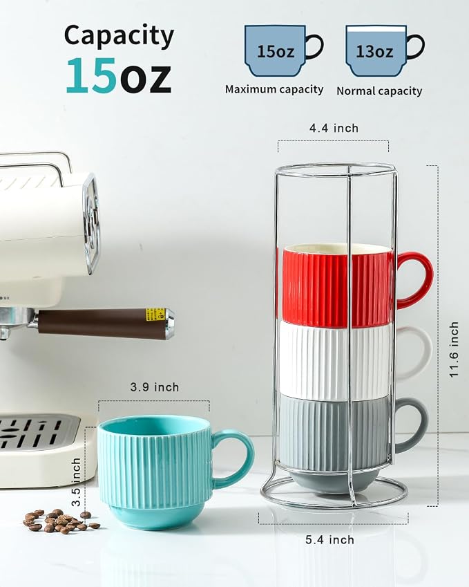 HASENSE Ceramic Coffee Mug Set of 4 with Rack - 15 oz Stacking Ribbed Latte Cups Set for Cappuccino, Tea, Hot Cocoa, Drinks - Wedding & Housewarming Gifts Assorted Colors - Image 3