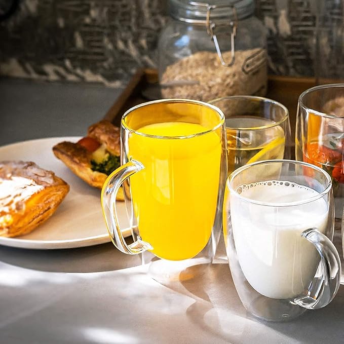 Double Wall Glass Coffee Mugs with Handle, Clear Coffee Mugs Set of 1 (15 oz / 450 ml), Tea/Coffee/Latte/Cappucino/Cafe/Milk, or other Hot Beverage mugs. (450ml)