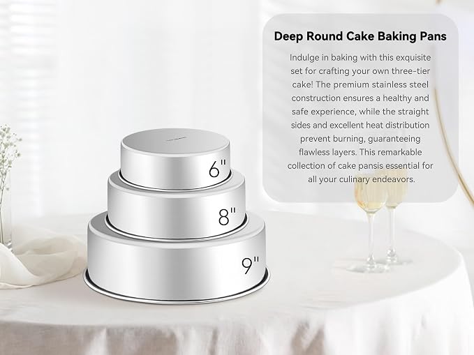 Leonyo Tall Round Cake Pans, 6’’- 8’’- 9½’’ Cake Pan Set for 3, Stainless Steel Round Layer Baking Tier Cake Pans Set, 3-Tiered Cake Tins for Birthday Wedding, Non Toxic & Healthy, Dishwasher Safe - Image 8