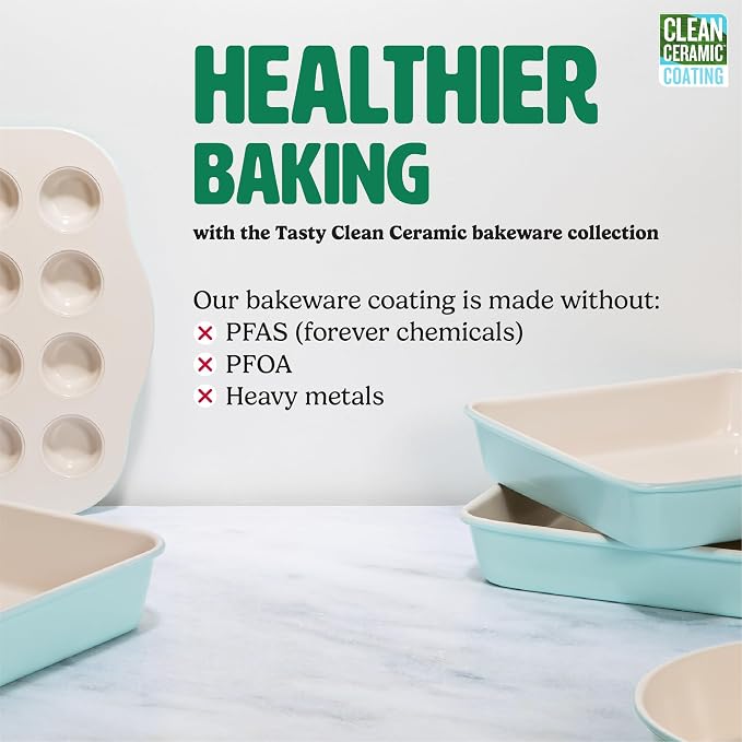 Tasty Clean Ceramic Round Cake Pans Set, 2-Pack of 9-Inch Cake Pans, Durable Aluminized Steel for Professional Results, Clean Ceramic Nonstick Coating, Oven Safe to 425°F, Dishwasher Safe, Aqua - Image 2