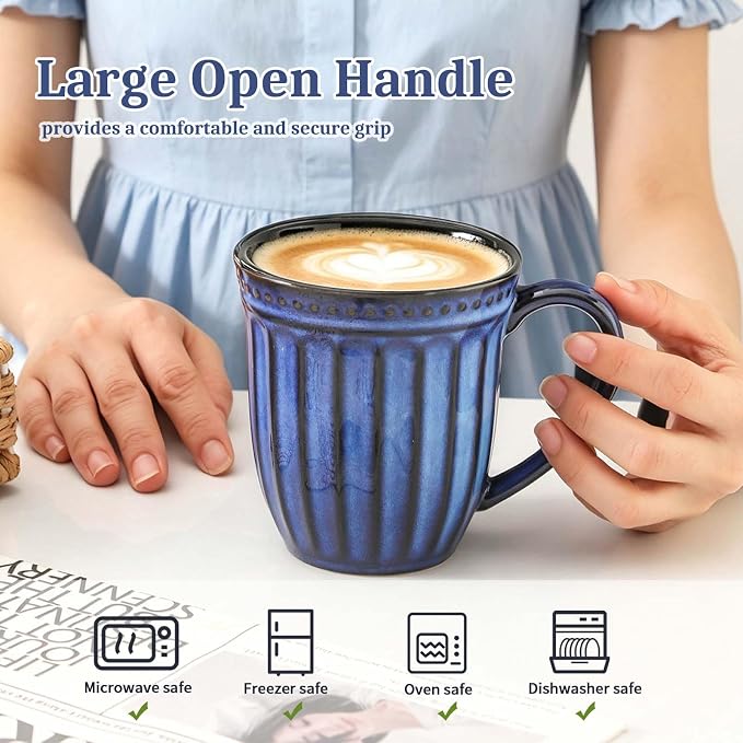 Coffee Mugs Set of 4, 16oz Navy Blue Ceramic Coffee Mug with Embossed Ribbed, Farmhouse Tea Cup Set for Latte, Cappuccino, Milk, Large Handle, Suitable for Office Home Restaurant Housewarming Gift - Image 4