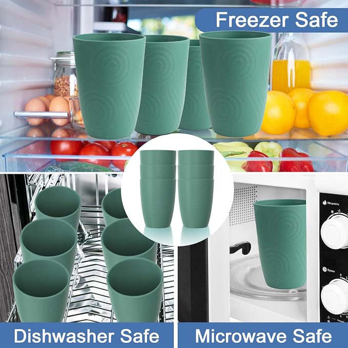 16 OZ Drinking Cups, Wheat Straw Cups Set of 6 - Reusable Water Cups, Unbreakable Plastic Drinking Glasses, Dishwasher Safe Tumbler Cups for Kitchen, Camping, RV -Green - Image 5
