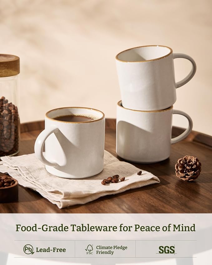 famiware Coffee Mugs Set of 6 Nebula 14oz Coffee Mugs, Ceramic Cup Set with Handle for Latte, Tea, Milk, Cappuccino, Cocoa, Matte Beige White with Brown Rim - Image 3