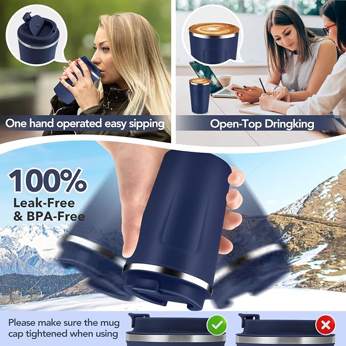 Volhoply 12 oz Double Wall Insulated Vacuum Travel Coffee Mug with Flip Lid,Reusable Stainless Steel Leak Proof Coffee Cup,Portable Iced Cafe Thermal Tumbler Suitable for Hot & Cold Drinks(Navy,1 Set) - Image 6