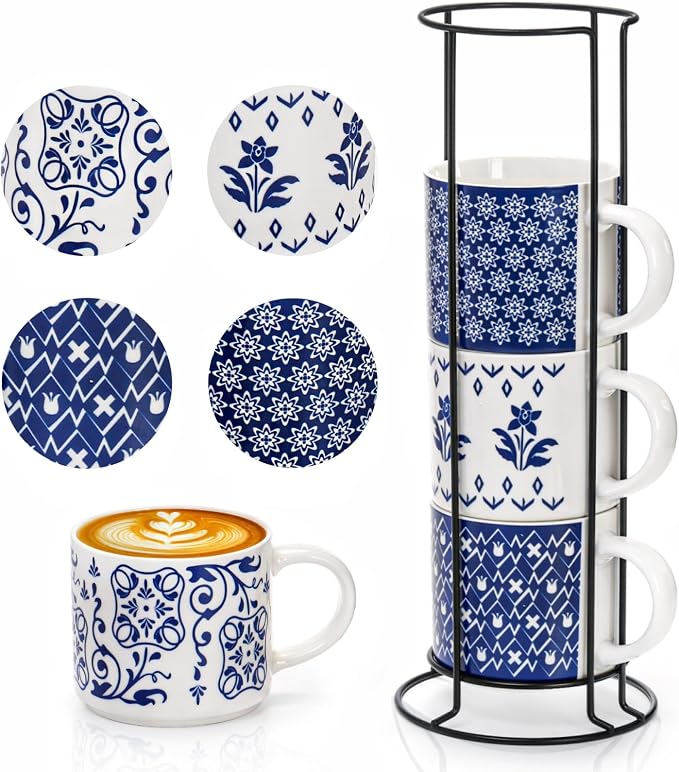 Eorbow 4 Pack Ceramic Coffee Mug Set with Rack, 16 OZ Stackable Cappuccino Cups with Metal Stand, Blue and White Porcelain Tea Mugs for Latte, Americano, Milk, Hot Cocoa, Beverages, Microwave Safe by Eorbow