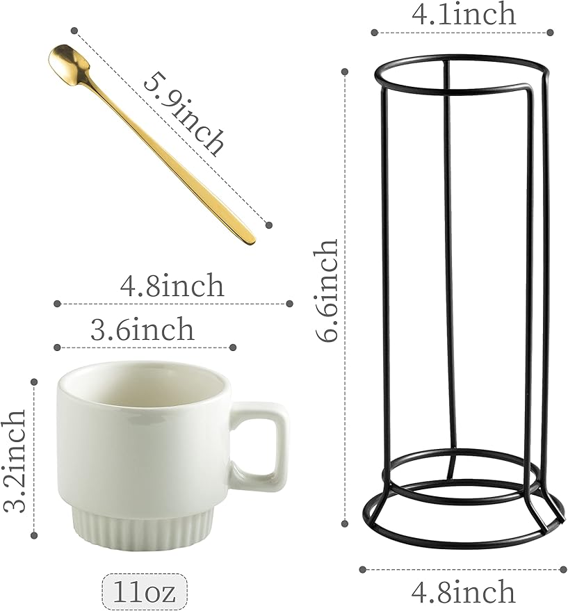 Miamolo Coffee Mugs Set of 4, Stackable Coffee Cups with Stand and Spoons | 11oz, Ceramic | for Espresso Cappuccino Latte Tea Drinks | Dishwasher & Microwave Safe | Housewarming Gift | White - Image 2