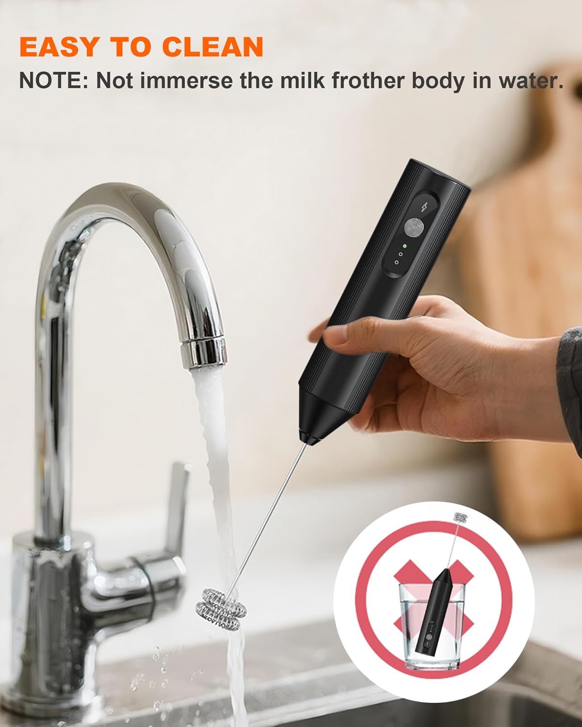 Rechargeable 3-Speed Milk Frother Wand (Black)