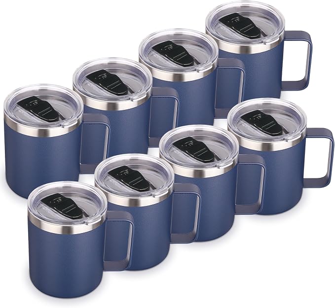 Volhoply 14oz Insulated Stainless Steel Coffee Mug with Lid Bulk 8 Pack,Double Wall Vacuum Travel Coffee Cup with Handle,Reusable Metal Cups Tumbler,Camping Mugs Keep Hot,Ideal Gifts(Navy,8) by LiveFully%EF%BC%8CDrinkFreely%E2%80%94KeepGoingwithVolhoply%EF%BC%81