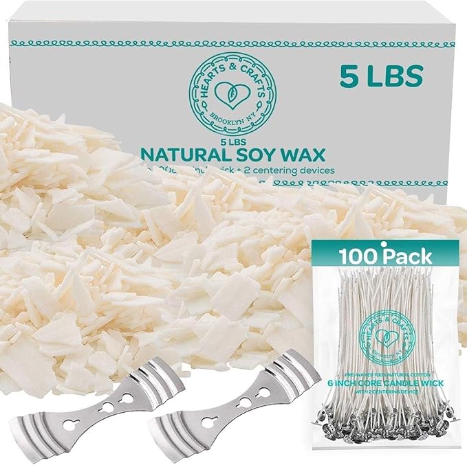 Hearts & Crafts Soy Wax for Candle Making - 5lbs with 100 Pre-Waxed Wicks & 2 Metal Centering Tools - DIY & Professional Candle Making Supplies