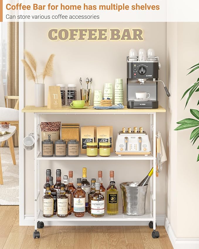 Kitchen Island with 3 Shelves, Rolling Kitchen Cart with 6 Hooks and Protective Shelf, Microwave Stand on Lockable Wheels, Bakers Rack Coffee Bar for Dining, Living Room, Outdoor, Metal Frame, White - Image 6