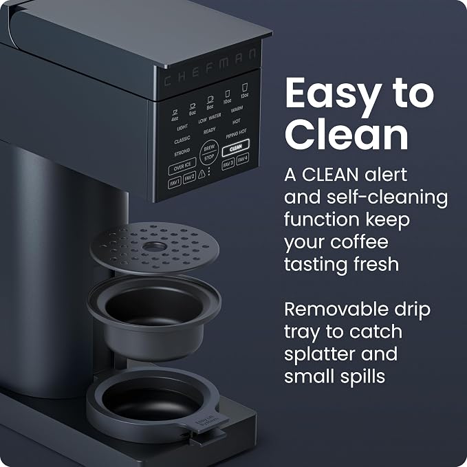 Chefman Caffeinator Single Serve Coffee Maker, Brew Kcups & Grounds, Drip Coffee Machine with Brew Strength Settings, Iced Coffee Function, 45 oz. Removable Water Reservoir - Image 6