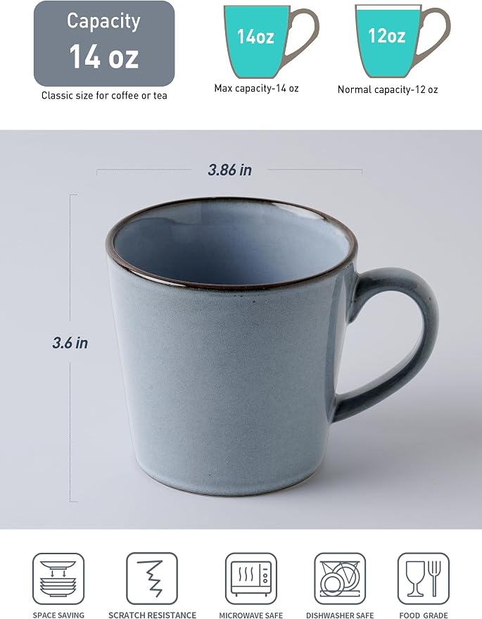 famiware Coffee Mug Set of 4, Annecy 14 oz Ceramic Reusable Cups Set with Handle, Microwavable and Dishwasherable Stoneware Drinkware Set for Tea, Milk, Water, Reactive Blue - Image 2