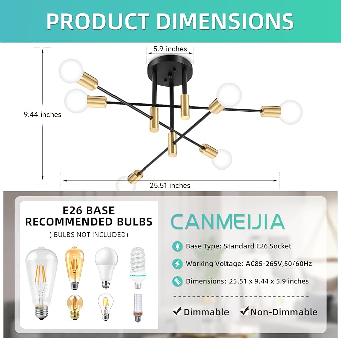 CANMEIJIA Sputnik Chandelier Modern Ceiling Light Fixture with 6 Lights Black Gold Mid Century Mount Ceiling Lights Fixture for Bedroom, Dining Room, Living Room, Kitchen, E26 Base, Bulbs Not Included - Image 2