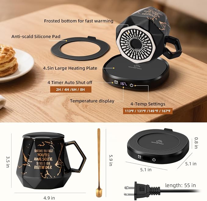 Coffee Mug Warmer Set Smart Heated Electric Tea Coffee Cup Warmer for Desk | Coffee Warmer with Mug Set, Beverage Candle Heater, 4 Temperature Control 8 Hours Auto Shut Off, Coffee Gifts for Men Office - Image 8