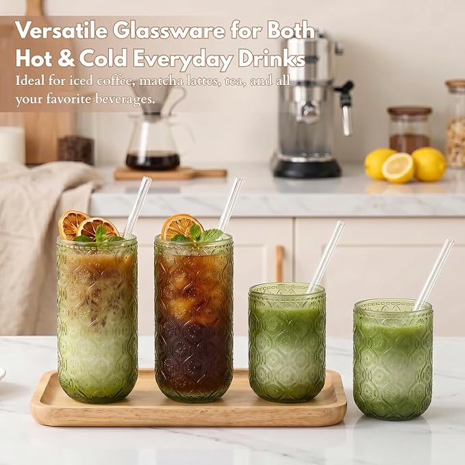 Green Drinking Glasses Set of 8, 12 Oz Highball & 10 Oz Cocktail Glasses with Straws, Thick Glass Iced Coffee Cups, Floral Embossed Kitchen Vintage Glassware Set for Water, Beer, Juice, Whiskey - Image 4