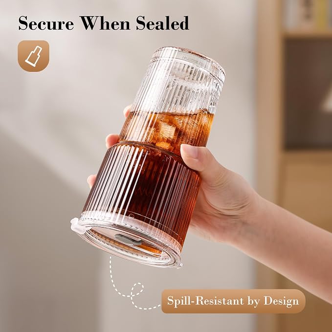 20oz Iced Coffee Cups with Lids, Ribbed Glass Cups with Lids and Straws | Thick Reusable Glass, Leak-Resistant Lids, Fits Most Car Cup Holders, For Iced Coffee, Tea, Smoothies and Cold Drinks - Image 2