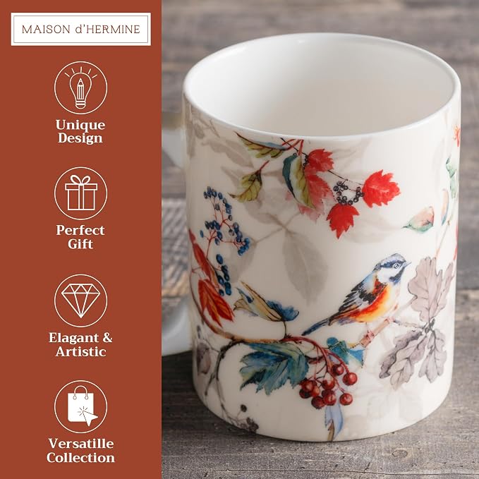Maison d' Hermine Coffee Mug with Handles Tea Cups (12 Ounce, Pack of 1) | Fine Bone China Coffee Mugs for Hot Beverages Cappuccino Latte Home Restaurant Spring Summer -Equinoxe - Beige - Passerine - Image 2