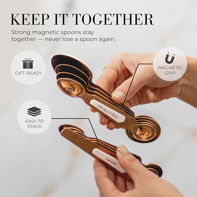 Styled Settings Copper Measuring Spoons Set with Leveler, 8-Piece | Double-Sided Nesting Magnetic Measuring Spoons, Stackable & Spice Jar Friendly -Stylish Copper Kitchen Accessories for Baking - Image 2