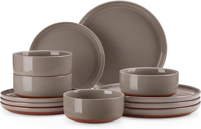 MALACASA Plates and Bowls Sets, 12 Pieces Modern Stoneware Dinnerware Set for 4 Kitchen Dinner Set Ceramic Dishware Dishes Set Microwave and Dishwasher Safe, Brown, Series TARA by MALACASA