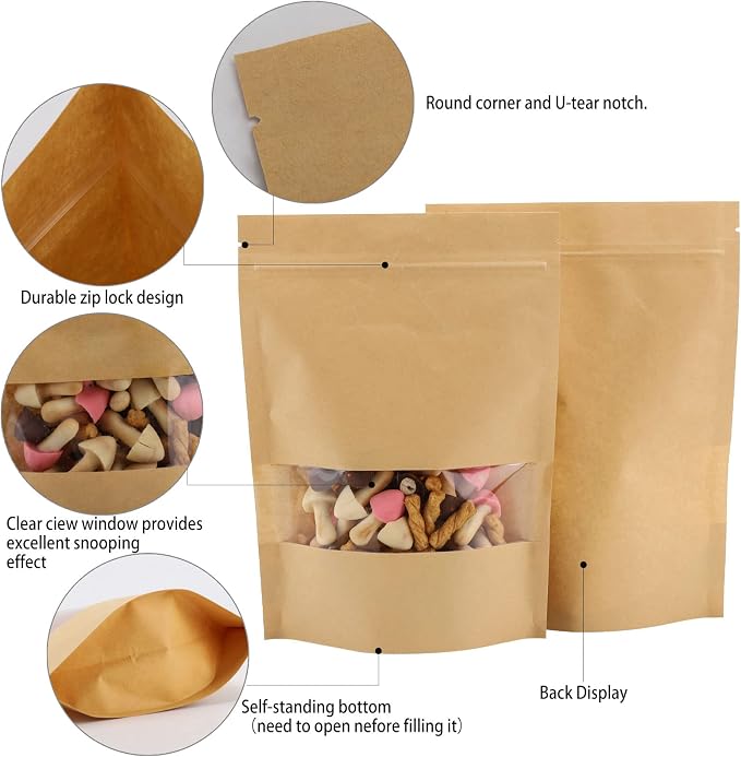 Tecbeauty 100pcs Kraft Paper Stand Up Pouches Zipper Lock Resealable Food Storage Bags with Window for Packing Cookies, Dog Treats (7 x 10inch) - Image 3