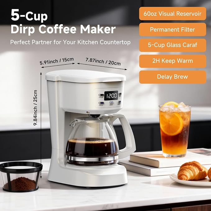 Coffee Maker, 5 Cup Programmable Drip Coffee Machine-White | 20 Hours Timer, 2 Hours Keep Warm, Compatible with Ground&Tea Leaves,Portable Small Cafetera for Home Office Travel Camping - Image 2