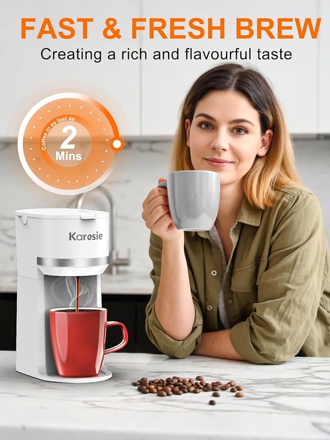 Single Serve Coffee Maker for Coffee Pods and Grounds,Fast Brew, 6-12 oz Brew Sizes Single Cup Coffee Maker Fits 5.5" Mugs,One-Button Small Coffee Maker,Descaling Reminder,White,9.45 Inches - Image 3
