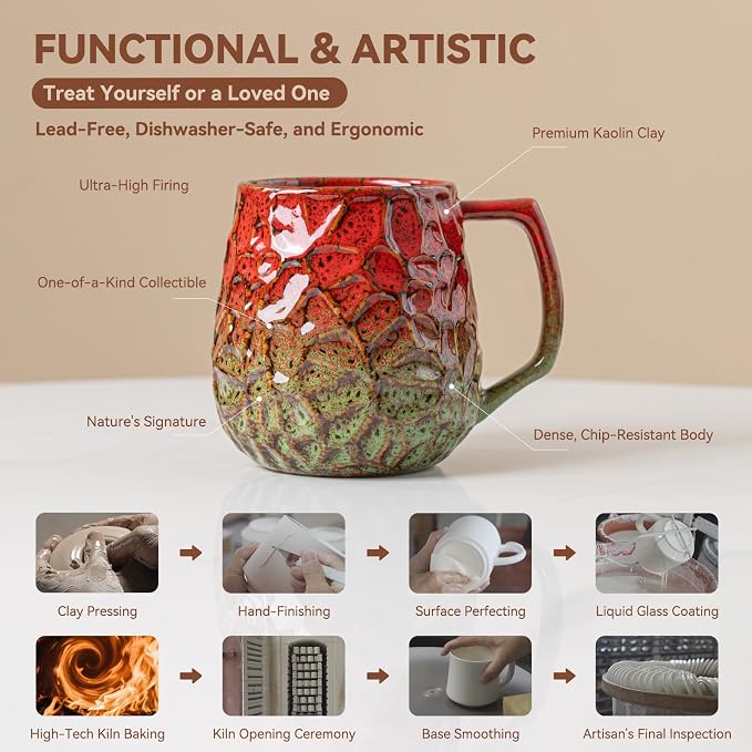 18oz Unique Red & Green Kiln-Change Ceramic Coffee Mug, Handcrafted Hammered Texture Ceramic Mug with Ergonomic Handle, Microwave & Dishwasher Safe, Gift for Coffee Lovers, Home Office Daily Use - Image 7