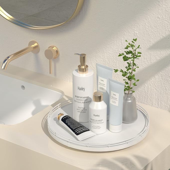 13-Inch Oak Decorative Tray for Coffee Table and Vanity, White Finish | Rotating oak tray organizes spices, toiletries and decor on kitchen counters, bathroom vanities, dining and coffee tables. - Image 3