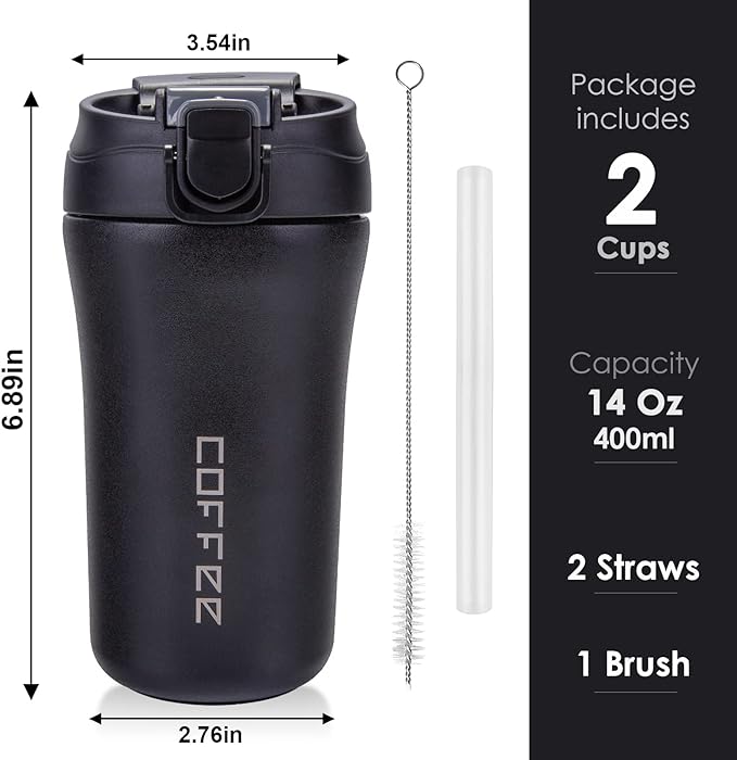 14 oz Travel Coffee Mug, 2 Pack Vacuum Insulated Stainless Steel Tumbler | Spill proof coffee travel mug with lid & straw for hot & cold drinks. Great gift for men & women (Black Grey) - Image 5