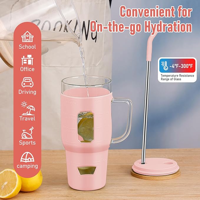 Glass Cups with Handle and Bamboo Lids - 40oz Tumbler with Stainless Steel Straw | Glass Water Bottle with Silicone Sleeve for Coffee, Smoothi, Hot/Cold Drinks for Travel, Office, Home (Pink)